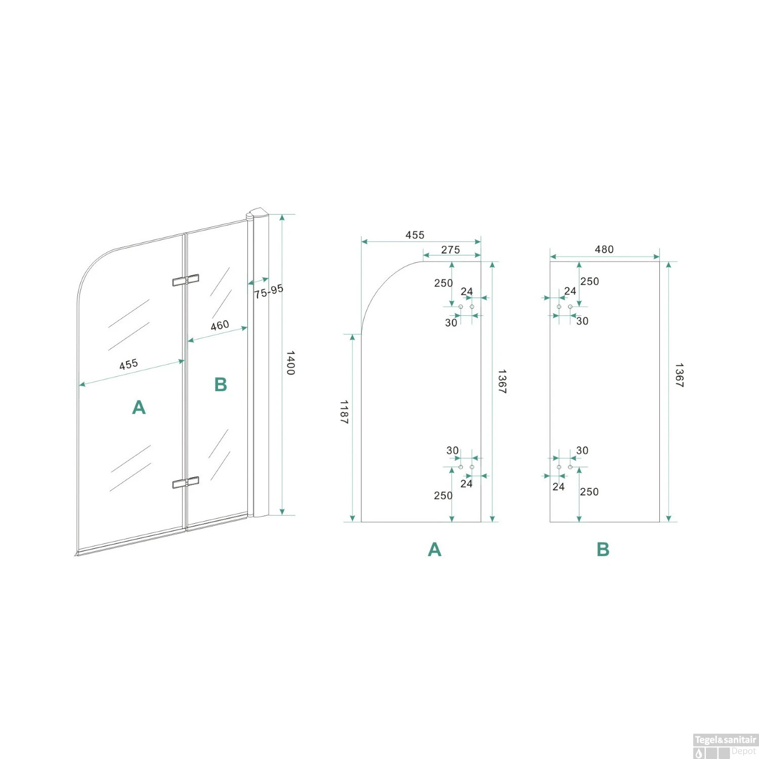 BWS Badwand 2 Delig Inklapbaar 100x140 Cm 6mm NANO Coating 6 BWS Badwand 2 Delig Inklapbaar 100x140 Cm 6mm NANO Coating - Afbeelding 6