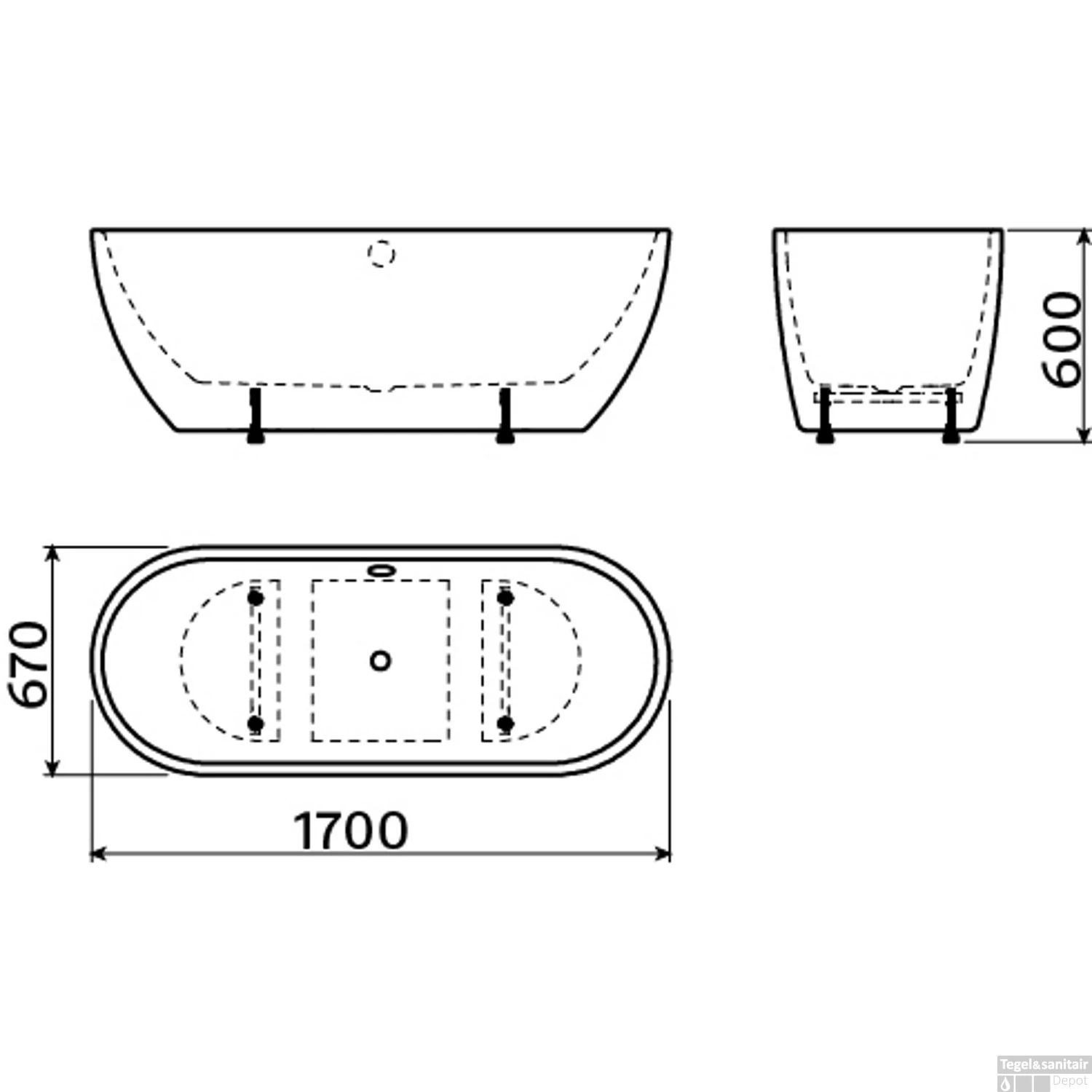 Clou InBe Vrijstaand Ligbad Ovaal 170x67x60 Cm Met Overloop Acryl Wit - Afbeelding 3