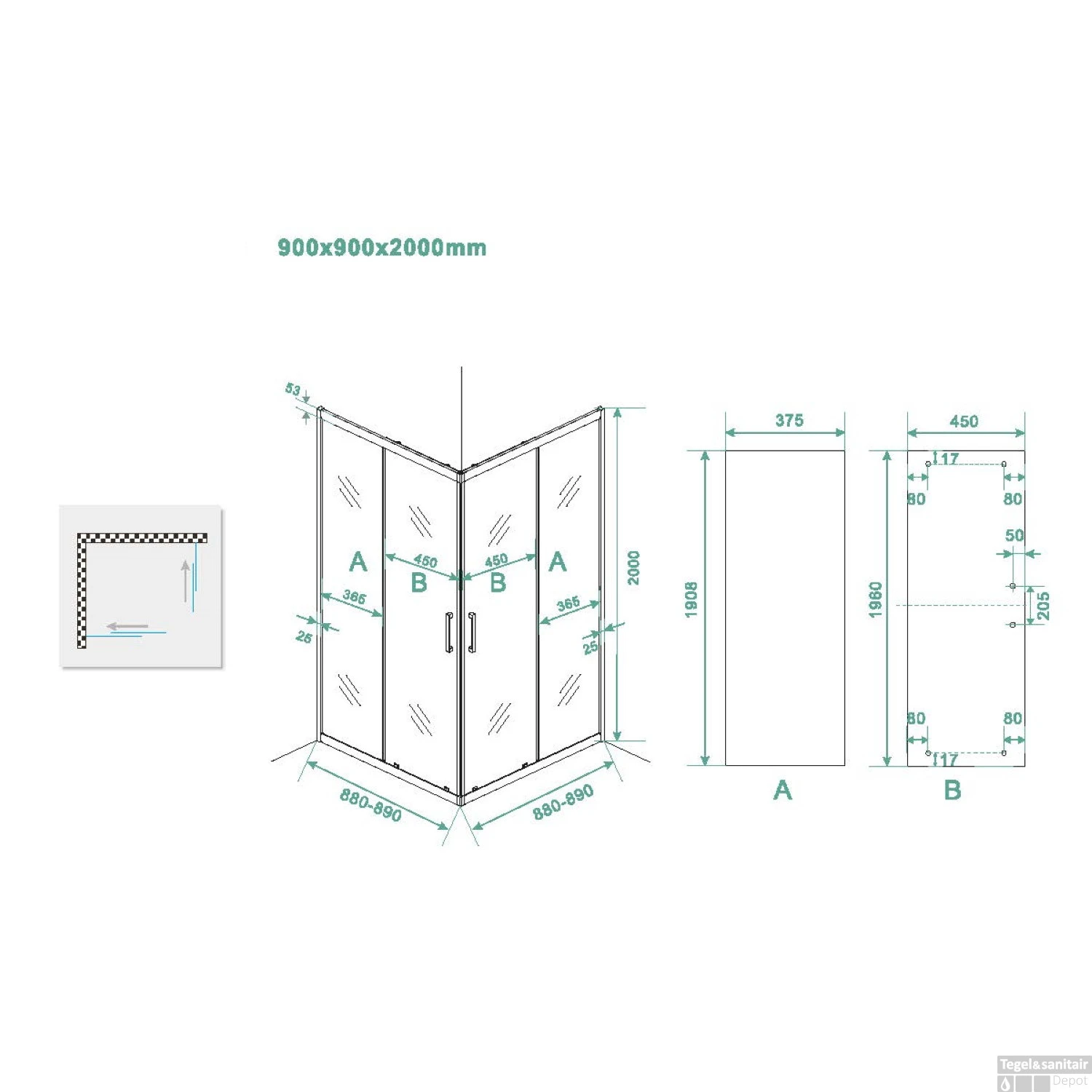 BWS Douchecabine Vierkant | Hoekinstap | 2 Schuifdeuren | 89x89x200cm | 8mm Helder Glas Nano Coating | Mat Zwart - Afbeelding 5