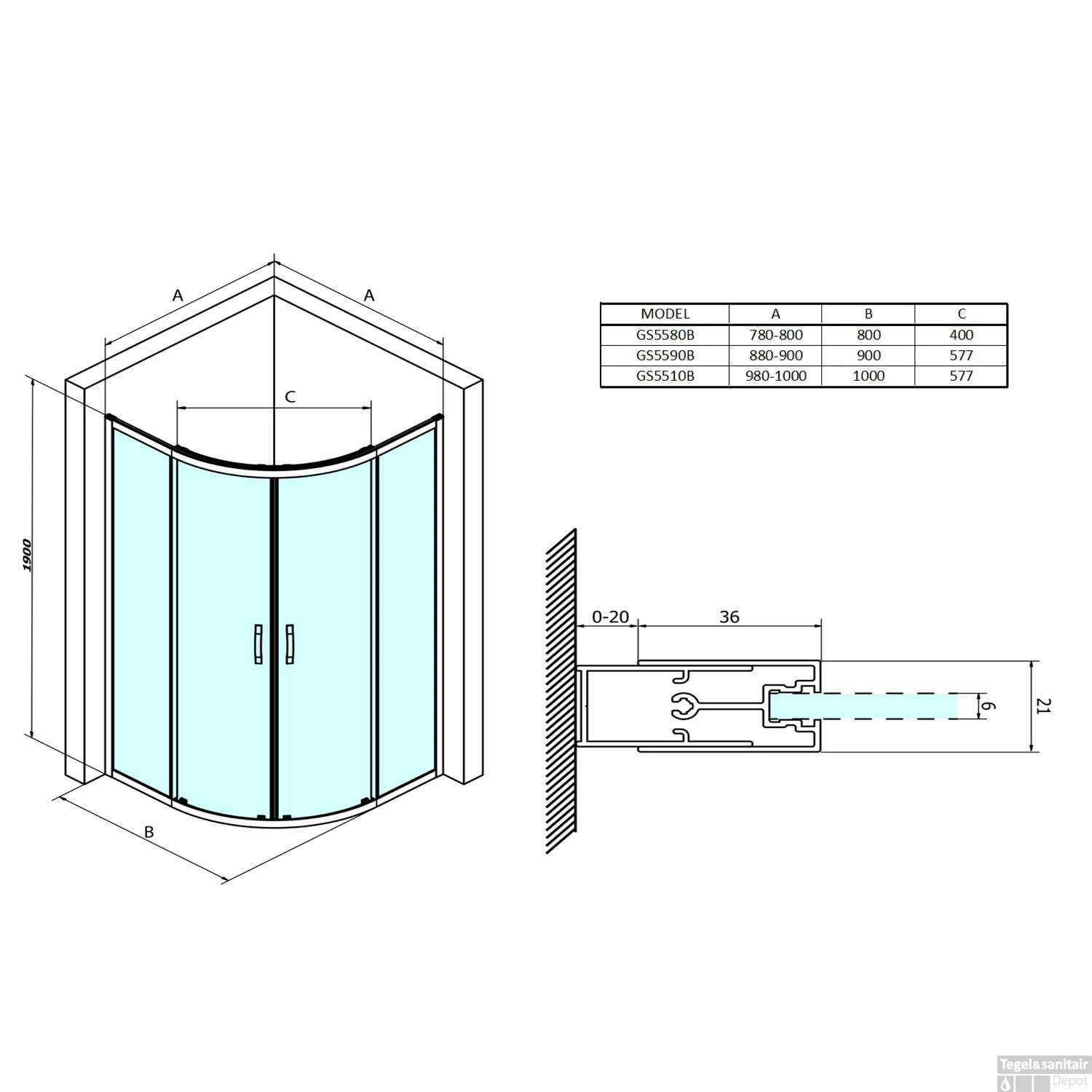 Douchecabine Gelco Sigma Simply Black Kwartrond 80x80x190 Cm Mat Zwart - Afbeelding 5