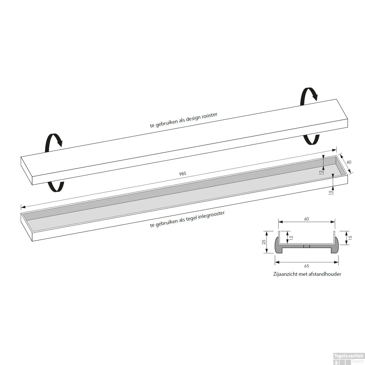 Tegelinlegrooster Brauer Gunmetal Edition Omkeerbaar Tbv Douchegoot STD/W/PS 100x7 Cm Inclusief Afstandhouders 3 Tegelinlegrooster Brauer Gunmetal Edition Omkeerbaar Tbv Douchegoot STD/W/PS 100x7 Cm Inclusief Afstandhouders - Afbeelding 3