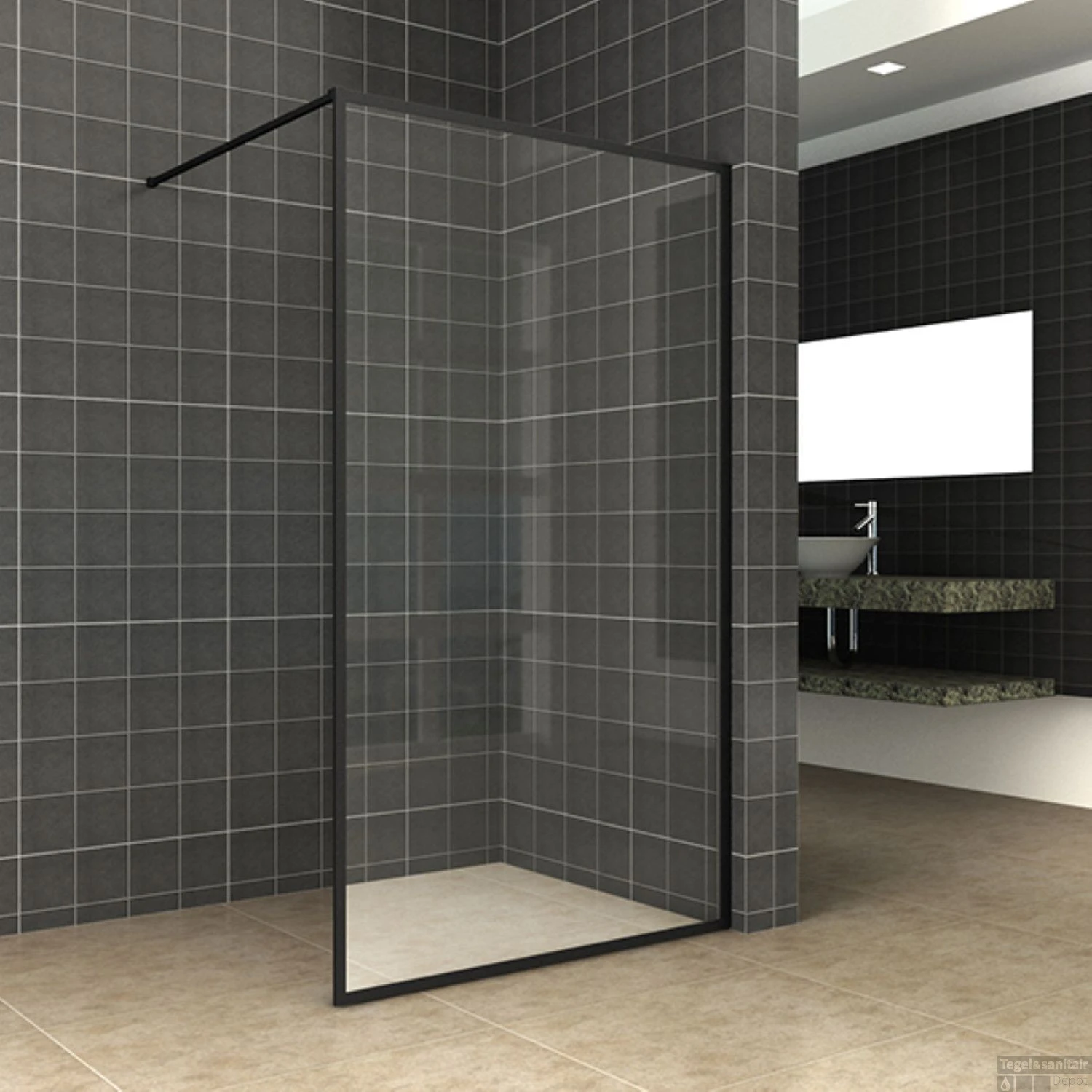 Wiesbaden Douchewand Square 10mm 100x200cm Stabilisatiestang | Nano Coating | Mat Zwart | Inloopdouche