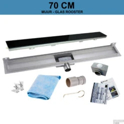 RVS Douchegoot Muurflens Met Uitneembaar Sifon 70x7cm 6,7cm Diep GLAS ROOSTER