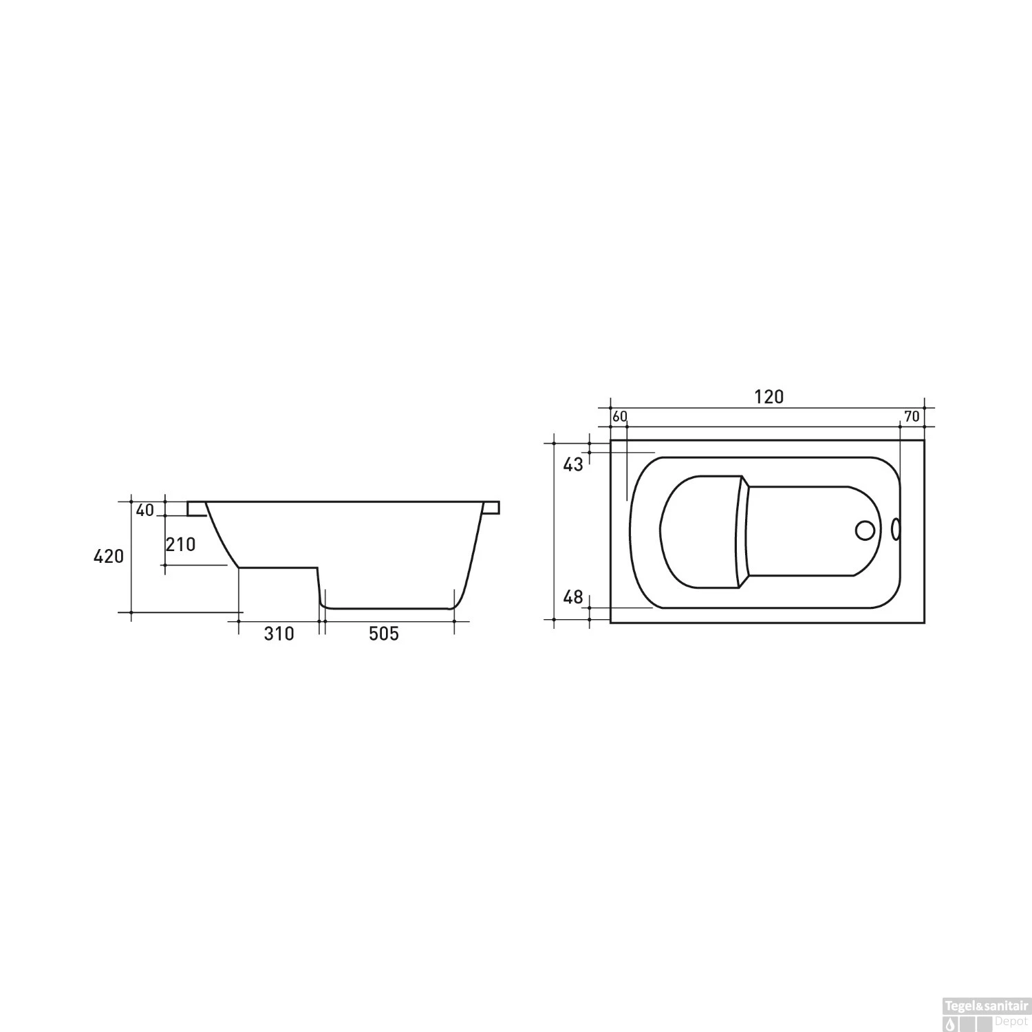 VM GO Bari Zitbad 120x70cm Acryl 21-42cm Diep Inclusief Potenstel - Afbeelding 2